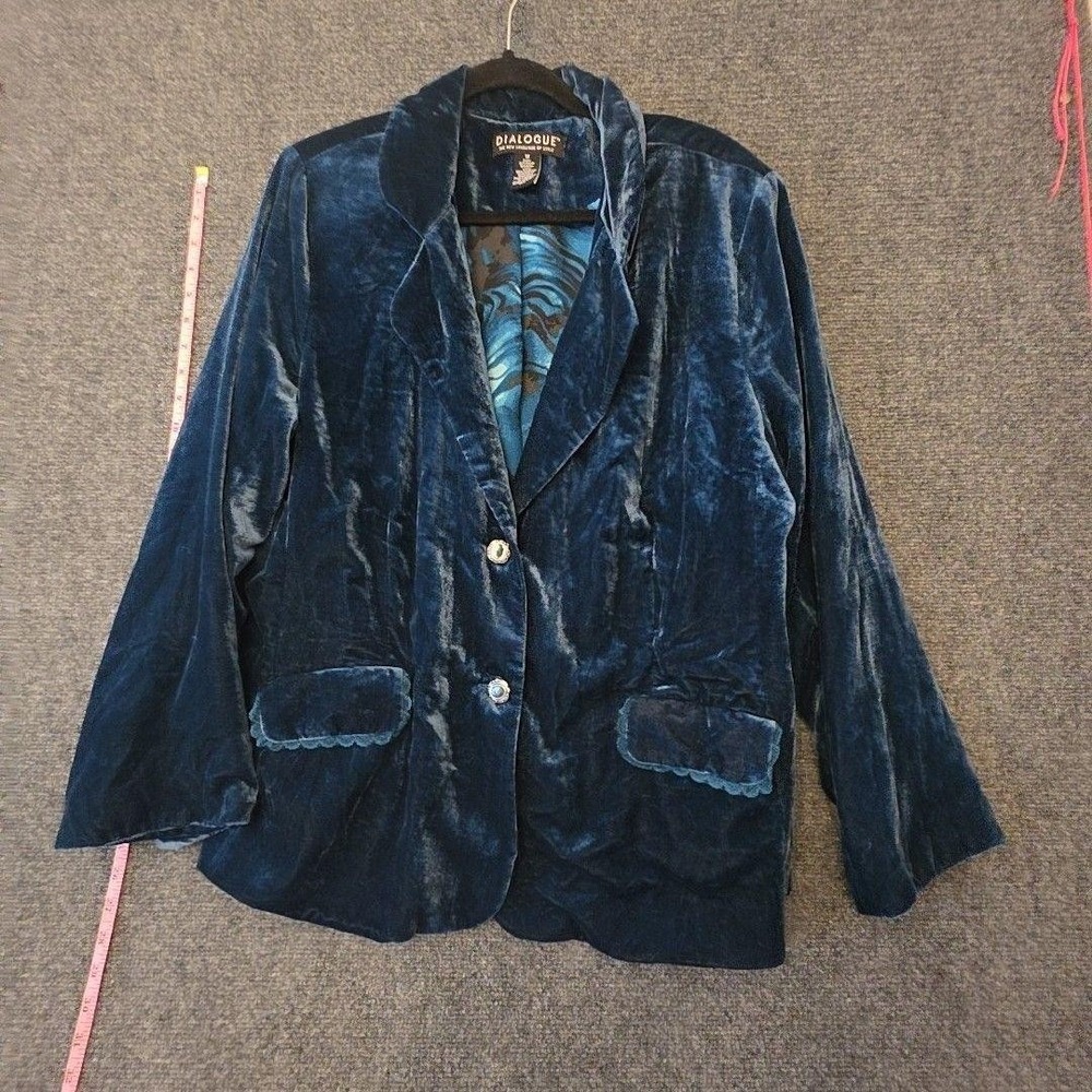 Dialogue Blazer Womens 1X Blue Velvet 2 Button Lined Jacket Plus Party